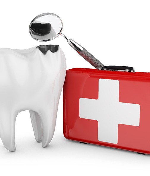 Illustration of a tooth and medical kit representing a dental emergency in Los Gatos, CA