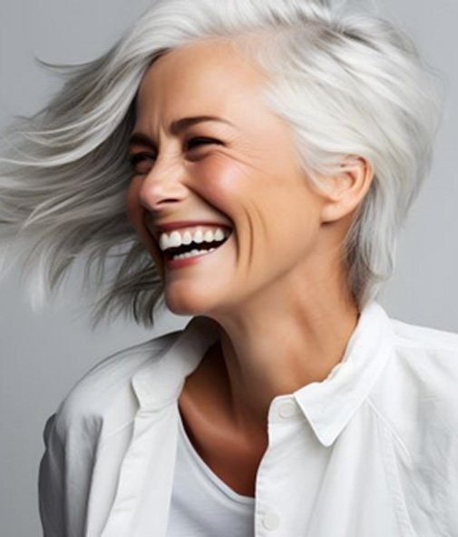 Smiling woman with white hair and nice teeth